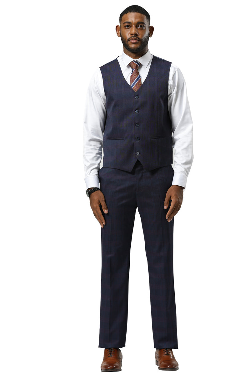 Men's Stacy Adams One Button Vested Peak Lapel Suit in Navy Glen Plaid - Image 5