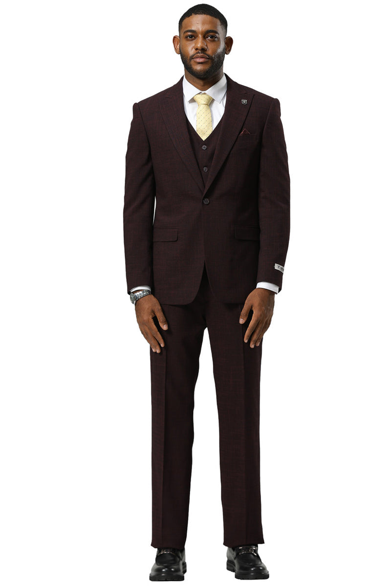 Men's Stacy Adams One Button Peak Lapel Vested Sharkskin Suit in Burgundy - Image 2