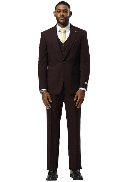 Men's Stacy Adams One Button Peak Lapel Vested Sharkskin Suit in Burgundy - Image 2