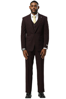 Men's Stacy Adams One Button Peak Lapel Vested Sharkskin Suit in Burgundy - Image 2