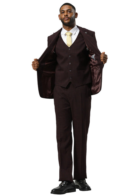 Men's Stacy Adams One Button Peak Lapel Vested Sharkskin Suit in Burgundy - Image 3