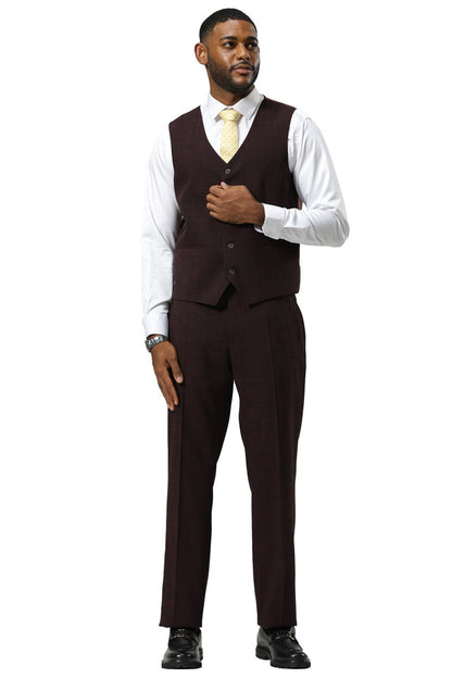 Men's Stacy Adams One Button Peak Lapel Vested Sharkskin Suit in Burgundy