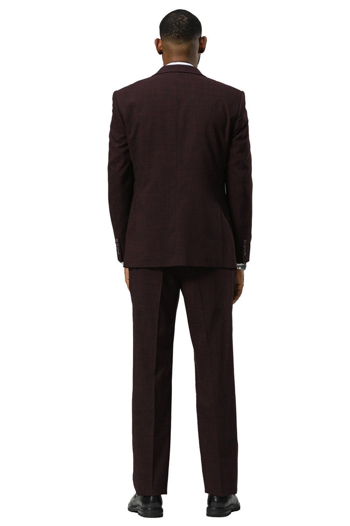 Men's Stacy Adams One Button Peak Lapel Vested Sharkskin Suit in Burgundy - Image 6