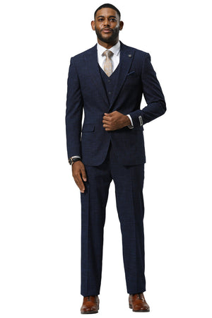 Men's Stacy Adams One Button Peak Lapel Vested Sharkskin Suit in Navy - Image 2