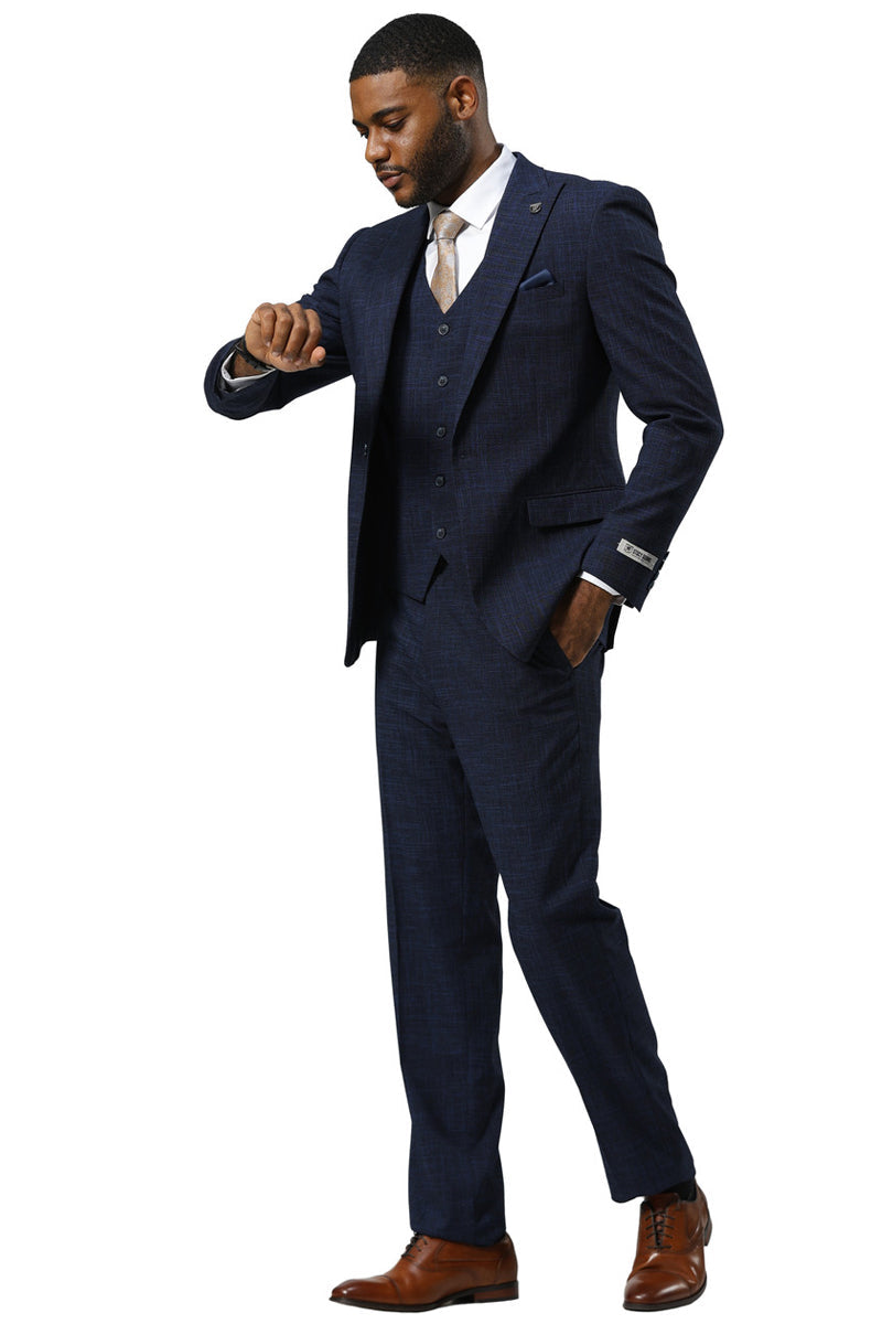 Men's Stacy Adams One Button Peak Lapel Vested Sharkskin Suit in Navy - Image 3