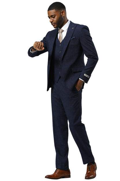 Men's Stacy Adams One Button Peak Lapel Vested Sharkskin Suit in Navy - Image 3