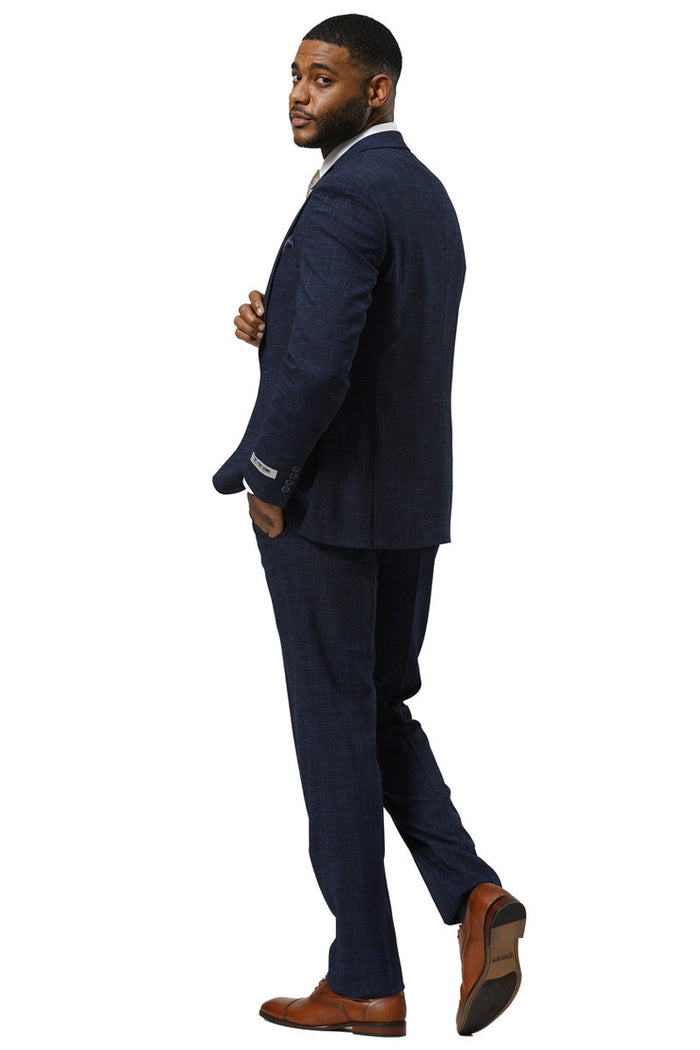 Men's Stacy Adams One Button Peak Lapel Vested Sharkskin Suit in Navy - Image 4