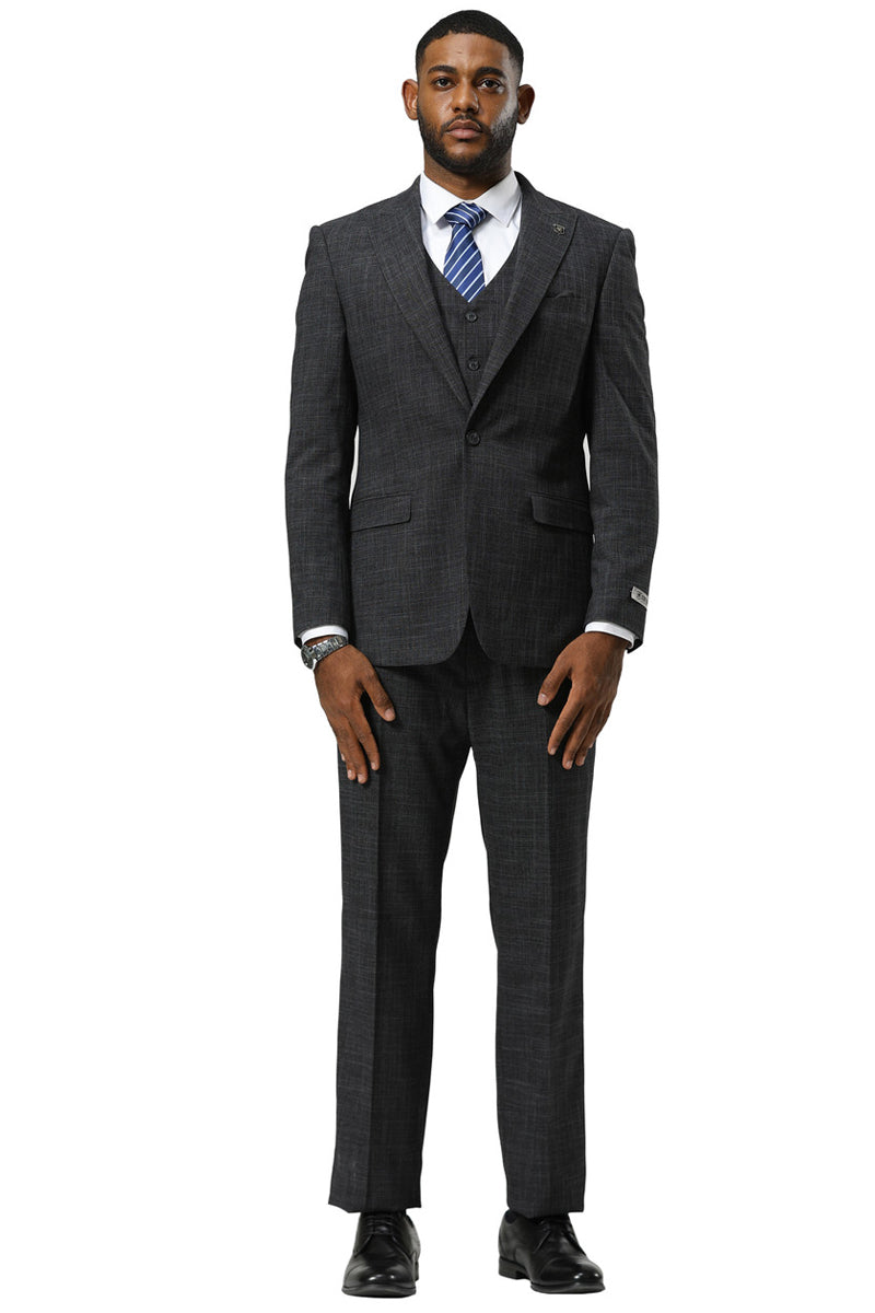 Men's Stacy Adams One Button Peak Lapel Vested Sharkskin Suit in Charcoal - Image 2