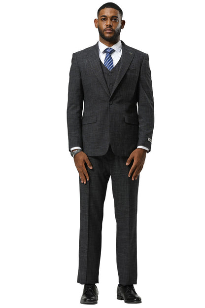 Men's Stacy Adams One Button Peak Lapel Vested Sharkskin Suit in Charcoal - Image 2