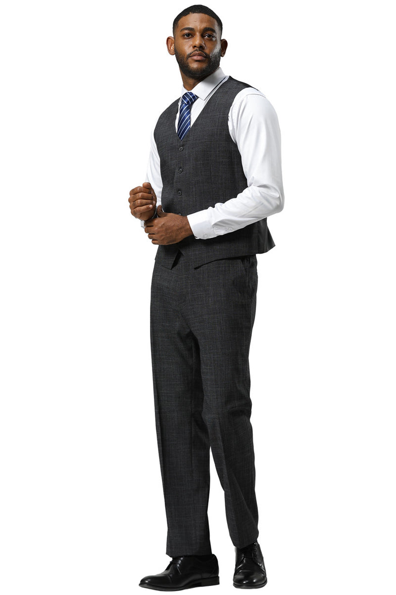 Men's Stacy Adams One Button Peak Lapel Vested Sharkskin Suit in Charcoal - Image 5