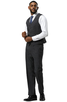 Men's Stacy Adams One Button Peak Lapel Vested Sharkskin Suit in Charcoal - Image 5