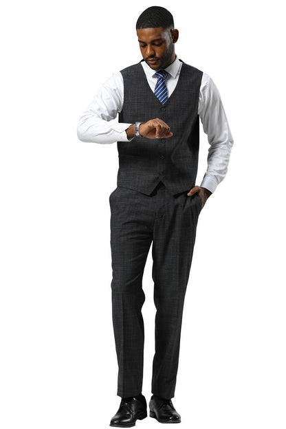 Men's Stacy Adams One Button Peak Lapel Vested Sharkskin Suit in Charcoal - Image 6