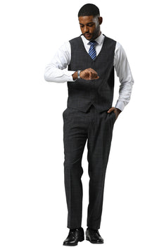 Men's Stacy Adams One Button Peak Lapel Vested Sharkskin Suit in Charcoal - Image 6
