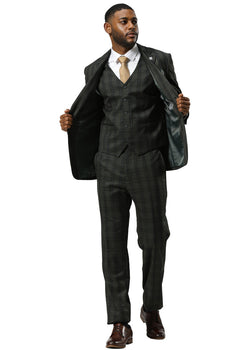Men's Stacy Adams Modern Fit Vested Suit in Dark Hunter Green Double Windowpane Plaid