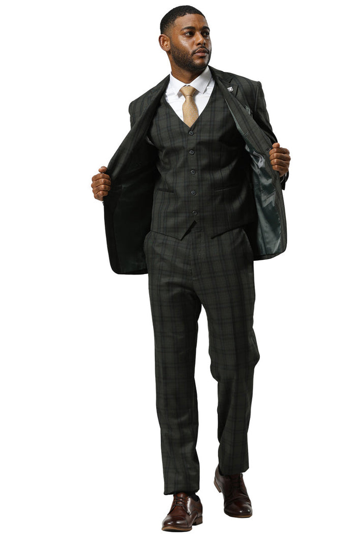 Men's Stacy Adams Modern Fit Vested Suit in Dark Hunter Green Double Windowpane Plaid - Image 3