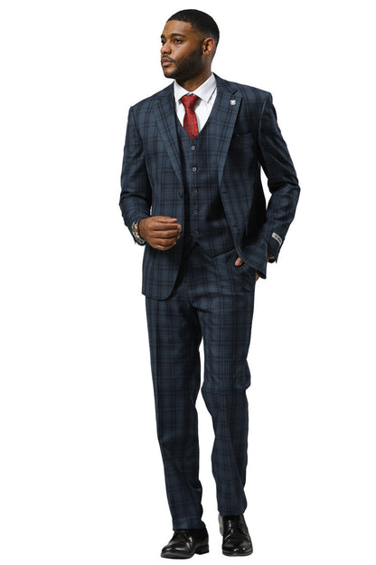 Men's Stacy Adams Modern Fit Vested Suit in Navy Blue Double Windowpane Plaid - Image 2
