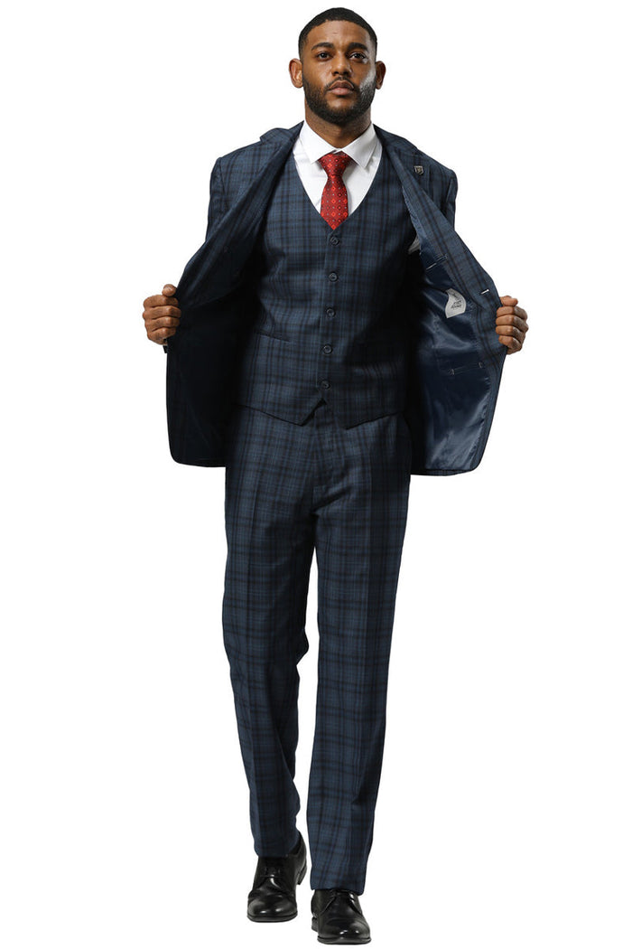 Men's Stacy Adams Modern Fit Vested Suit in Navy Blue Double Windowpane Plaid - Image 3