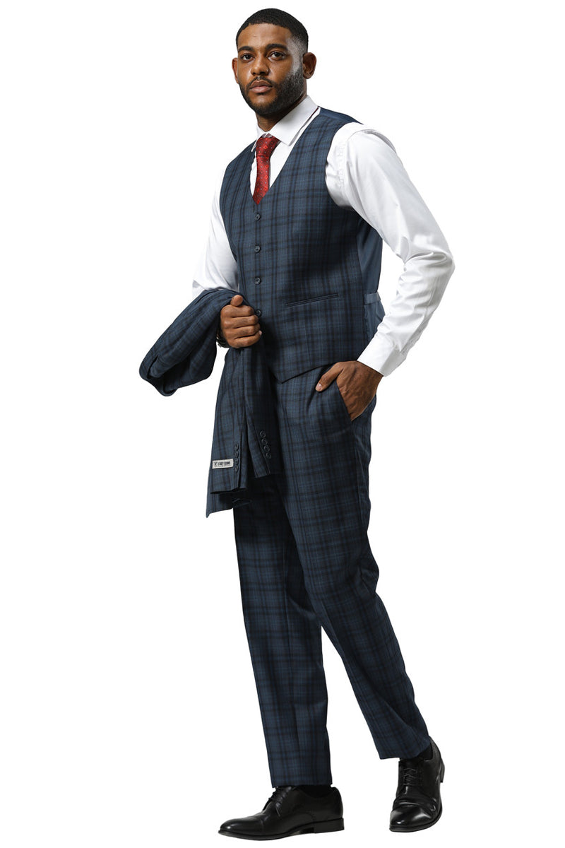Men's Stacy Adams Modern Fit Vested Suit in Navy Blue Double Windowpane Plaid - Image 4