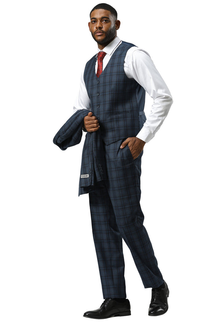 Men's Stacy Adams Modern Fit Vested Suit in Navy Blue Double Windowpane Plaid - Image 4