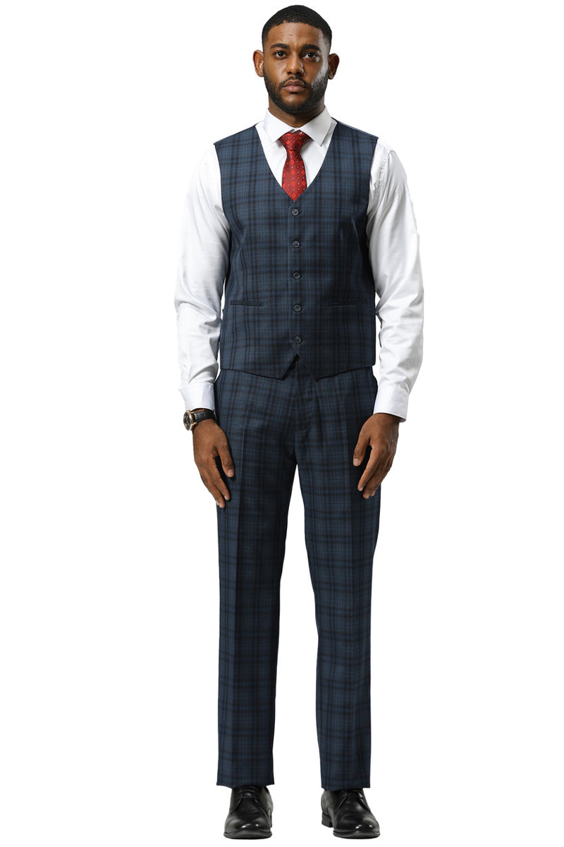 Men's Stacy Adams Modern Fit Vested Suit in Navy Blue Double Windowpane Plaid - Image 5