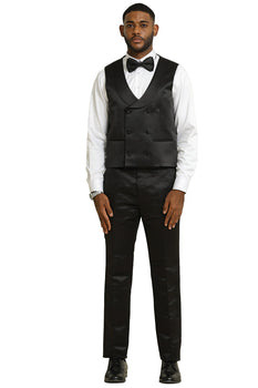 Men's Stacy Adams Shiny Brocade Wedding & Prom Tuxedo with Double Breasted Vest in Black - Image 5