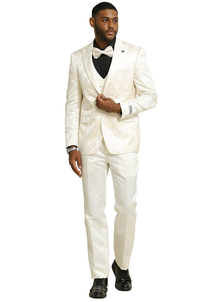 Men's Stacy Adams Shiny Brocade Wedding & Prom Tuxedo with Double Breasted Vest in Ivory - Image 2