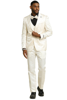 Men's Stacy Adams Shiny Brocade Wedding & Prom Tuxedo with Double Breasted Vest in Ivory - Image 2