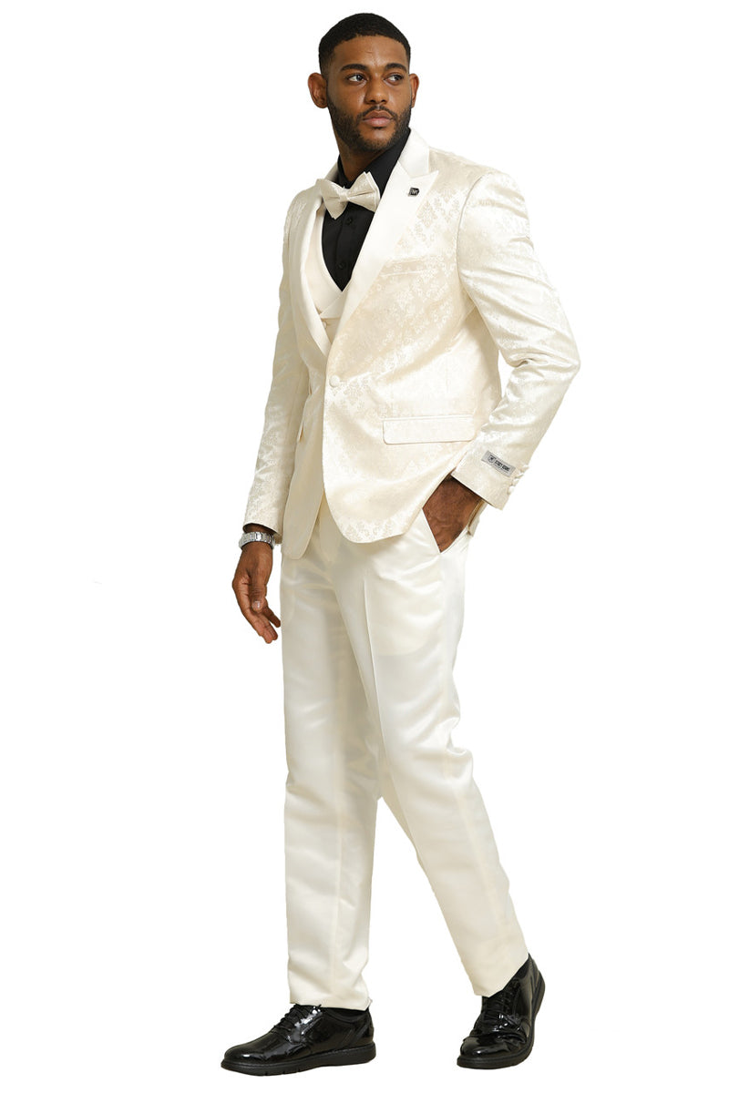 Men's Stacy Adams Shiny Brocade Wedding & Prom Tuxedo with Double Breasted Vest in Ivory - Image 3
