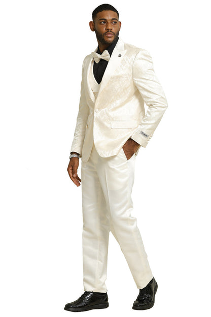 Men's Stacy Adams Shiny Brocade Wedding & Prom Tuxedo with Double Breasted Vest in Ivory - Image 3