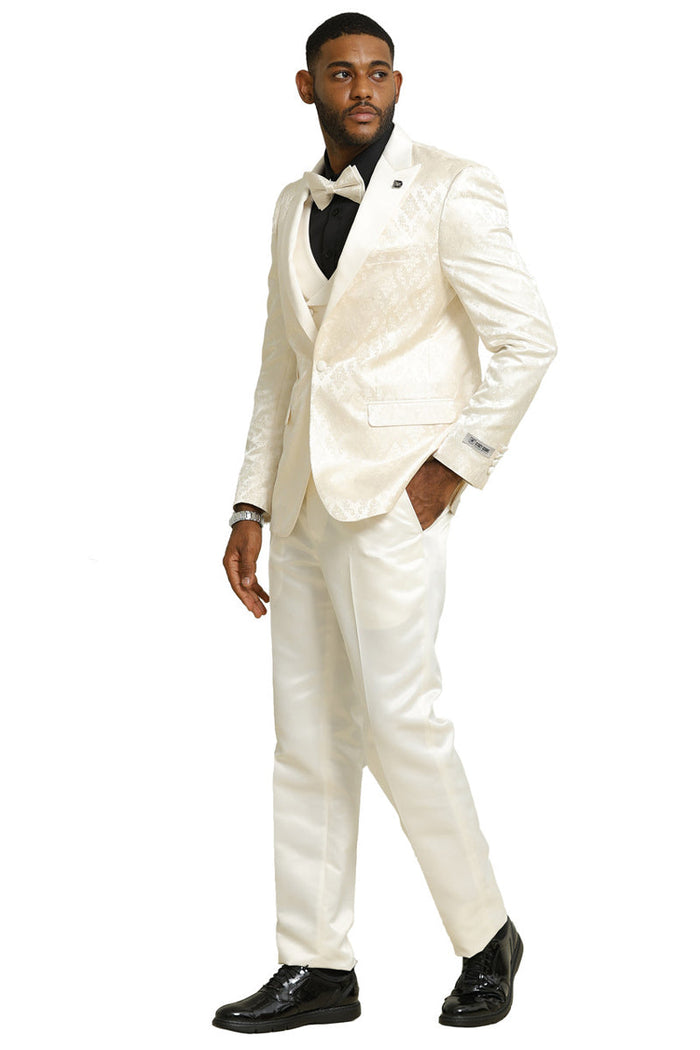 Men's Stacy Adams Shiny Brocade Wedding & Prom Tuxedo with Double Breasted Vest in Ivory - Image 3