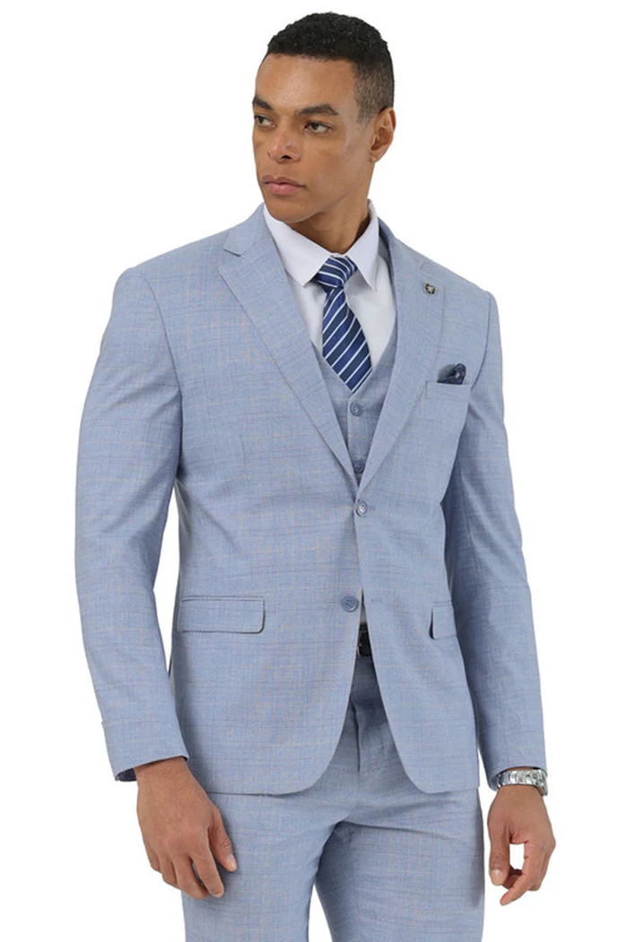 Mens Easter Suit - Jacket and Pants in Summer Color Light Blue Glen Plaid Light Weight Modern Fit