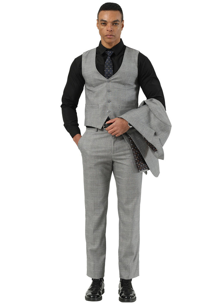 Men's Stacy Adams Two Button Vested Summer Suit in Light Grey Glen Plaid - Image 3