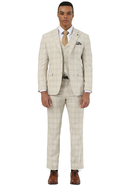 Men's Designer Stacy Adams Vested Glen Plaid Suit in Beige - Image 2
