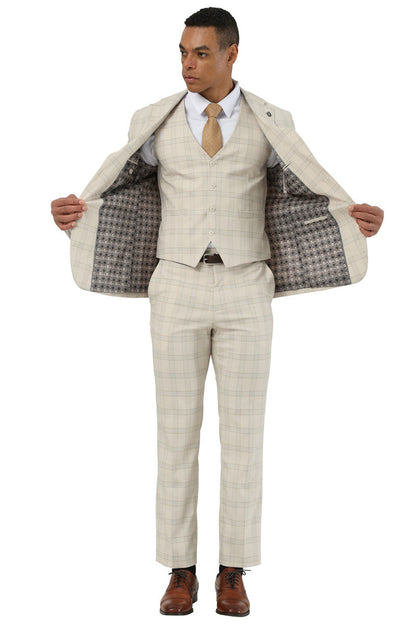 Men's Designer Stacy Adams Vested Glen Plaid Suit in Beige - Image 4