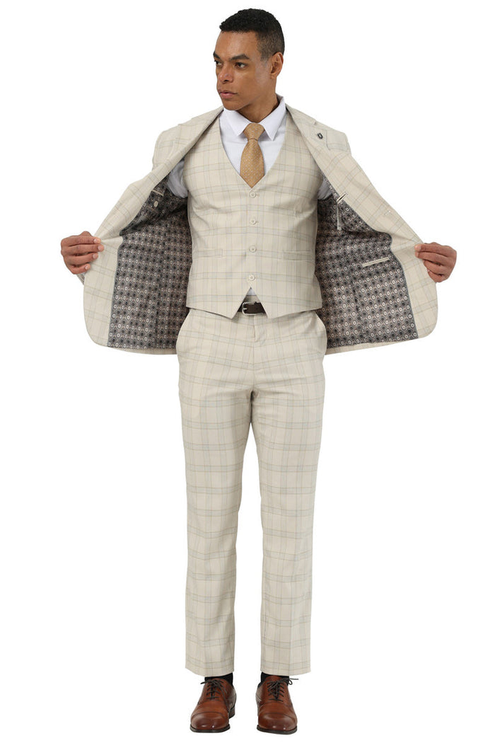 Men's Designer Stacy Adams Vested Glen Plaid Suit in Beige - Image 4