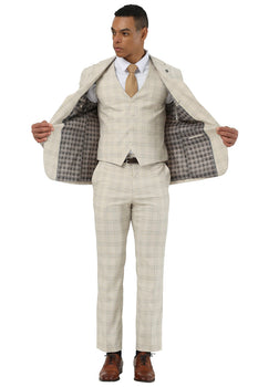Men's Designer Stacy Adams Vested Glen Plaid Suit in Beige - Image 4