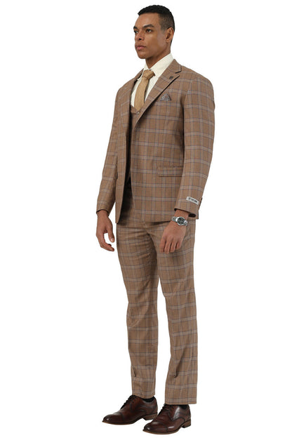 Men's Designer Stacy Adams Vested Glen Plaid Suit in Brown - Image 2