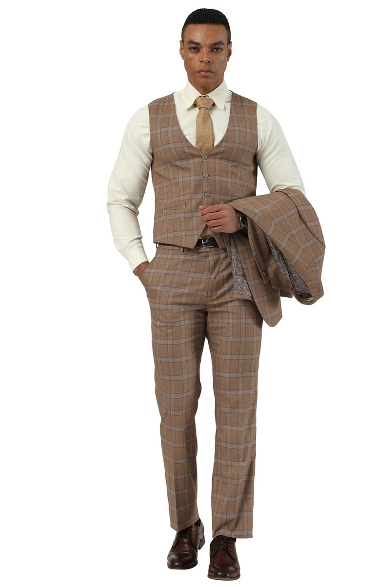 Men's Designer Stacy Adams Vested Glen Plaid Suit in Brown - Image 3