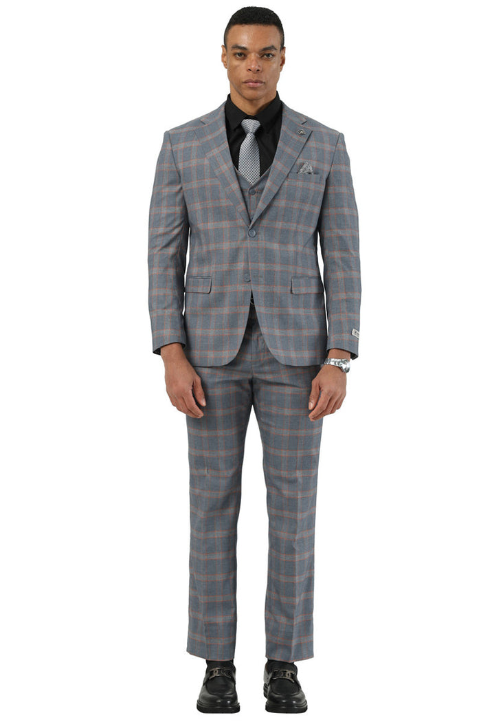 Men's Designer Stacy Adams Vested Glen Plaid Suit in Grey & Orange - Image 2
