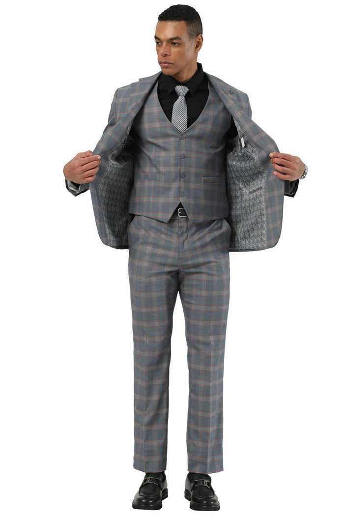 Men's Designer Stacy Adams Vested Glen Plaid Suit in Grey & Orange - Image 3