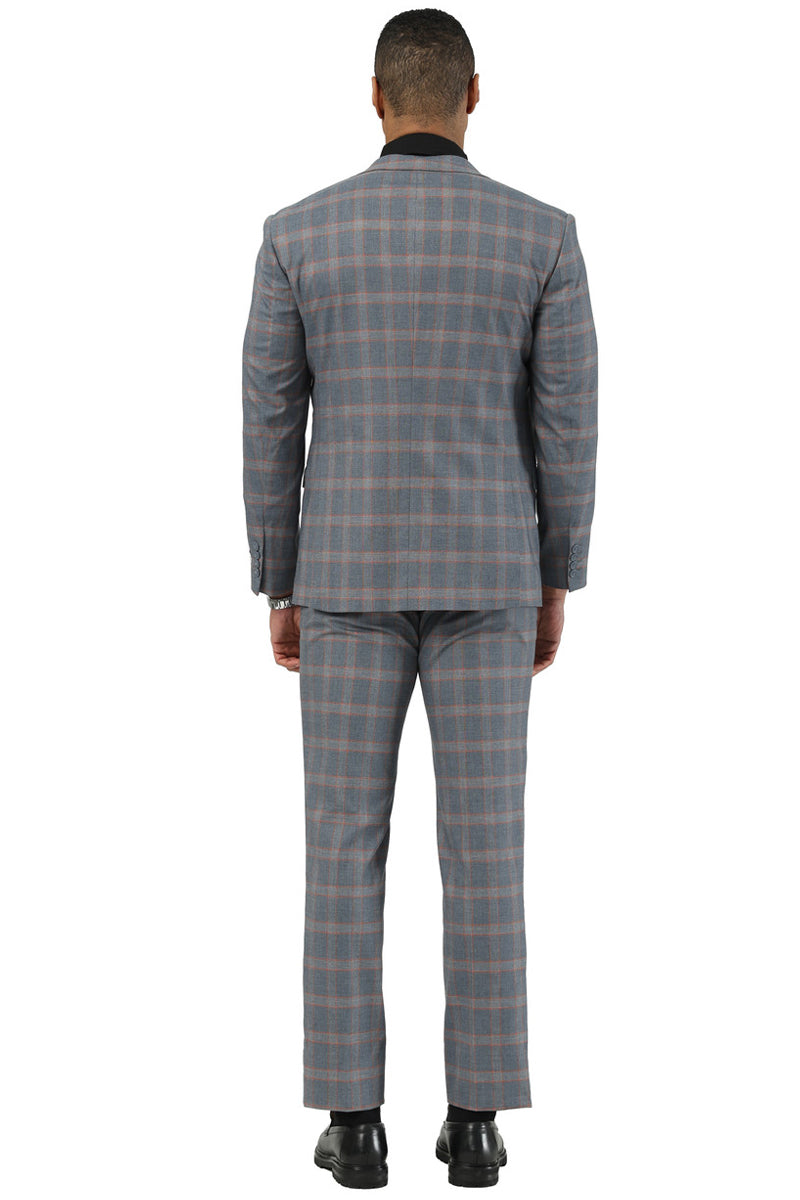 Men's Designer Stacy Adams Vested Glen Plaid Suit in Grey & Orange - Image 4