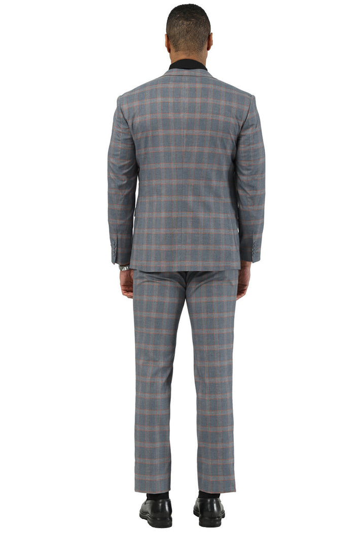 Men's Designer Stacy Adams Vested Glen Plaid Suit in Grey & Orange - Image 4