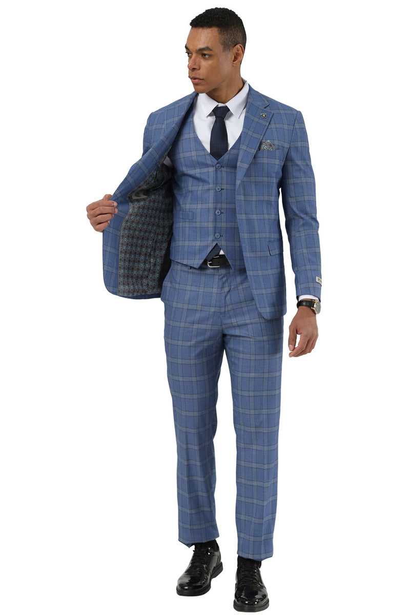 Men's Designer Stacy Adams Vested Glen Plaid Suit in Blue - Image 3