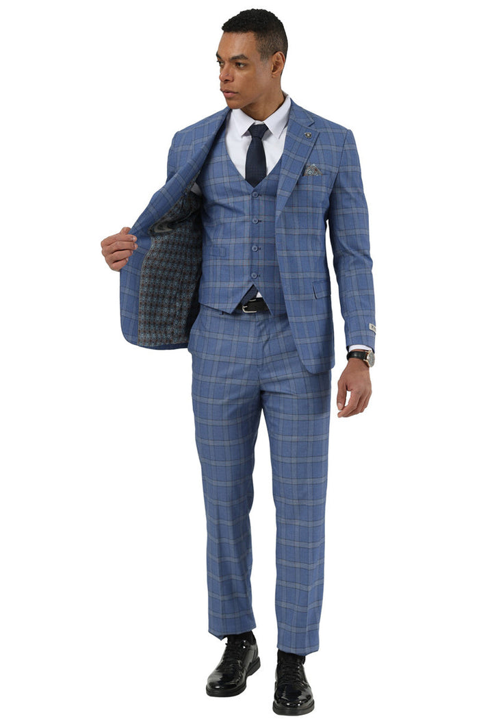 Men's Designer Stacy Adams Vested Glen Plaid Suit in Blue - Image 3