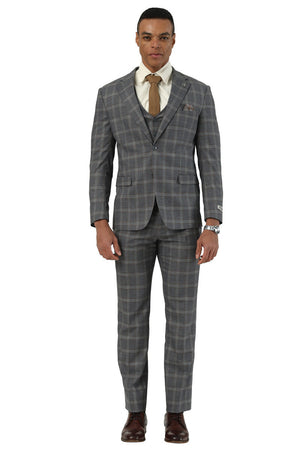 Men's Designer Stacy Adams Vested Glen Plaid Suit in Charcoal & Brown - Image 2