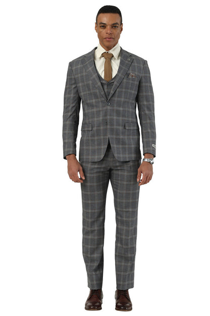 Men's Designer Stacy Adams Vested Glen Plaid Suit in Charcoal & Brown - Image 2