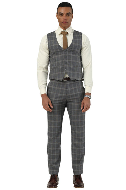 Men's Designer Stacy Adams Vested Glen Plaid Suit in Charcoal & Brown - Image 3