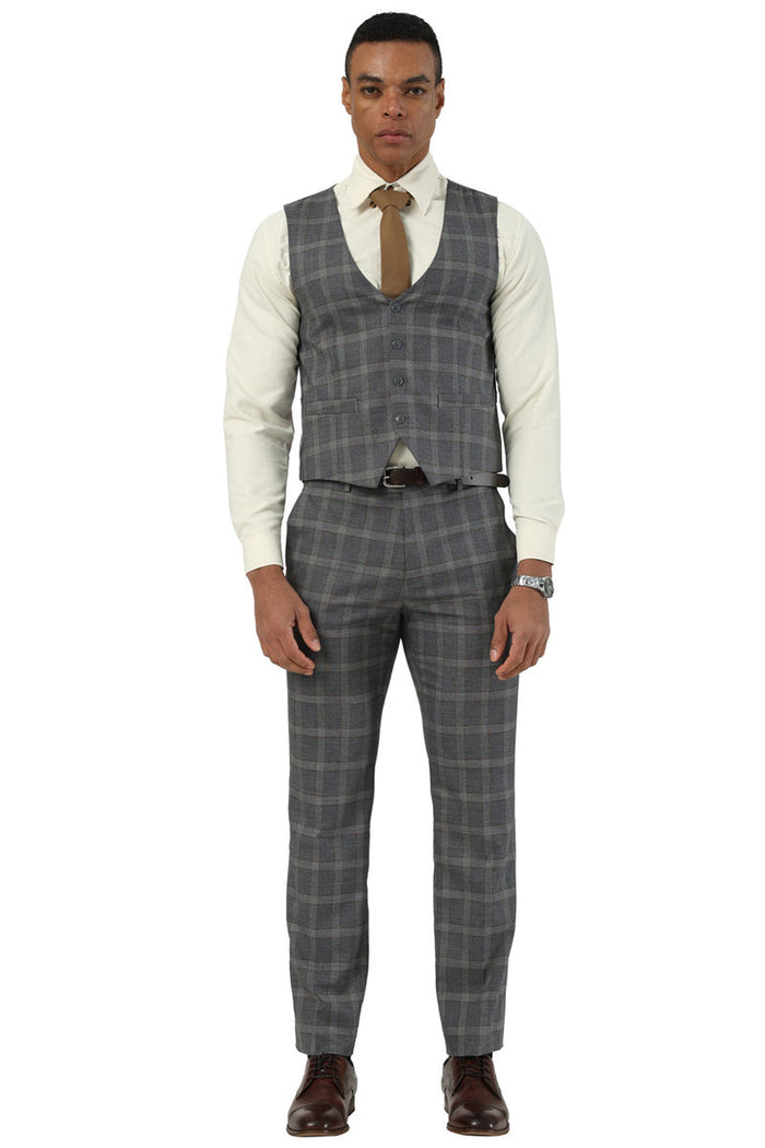 Men's Designer Stacy Adams Vested Glen Plaid Suit in Charcoal & Brown - Image 3