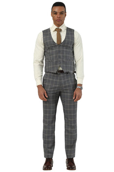 Men's Designer Stacy Adams Vested Glen Plaid Suit in Charcoal & Brown - Image 3