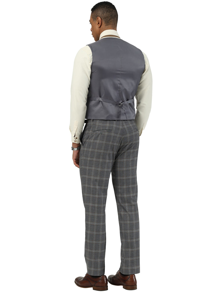 Men's Designer Stacy Adams Vested Glen Plaid Suit in Charcoal & Brown - Image 4